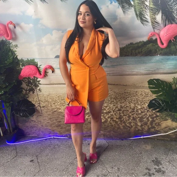 neon orange blazer dress Neon Belted One Button Blazer Dress In ORANGE